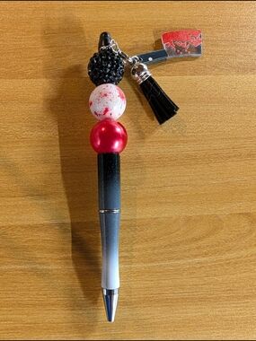 Hand Crafted Red, Black, White Decorative Bead Pen with Tassel Charm